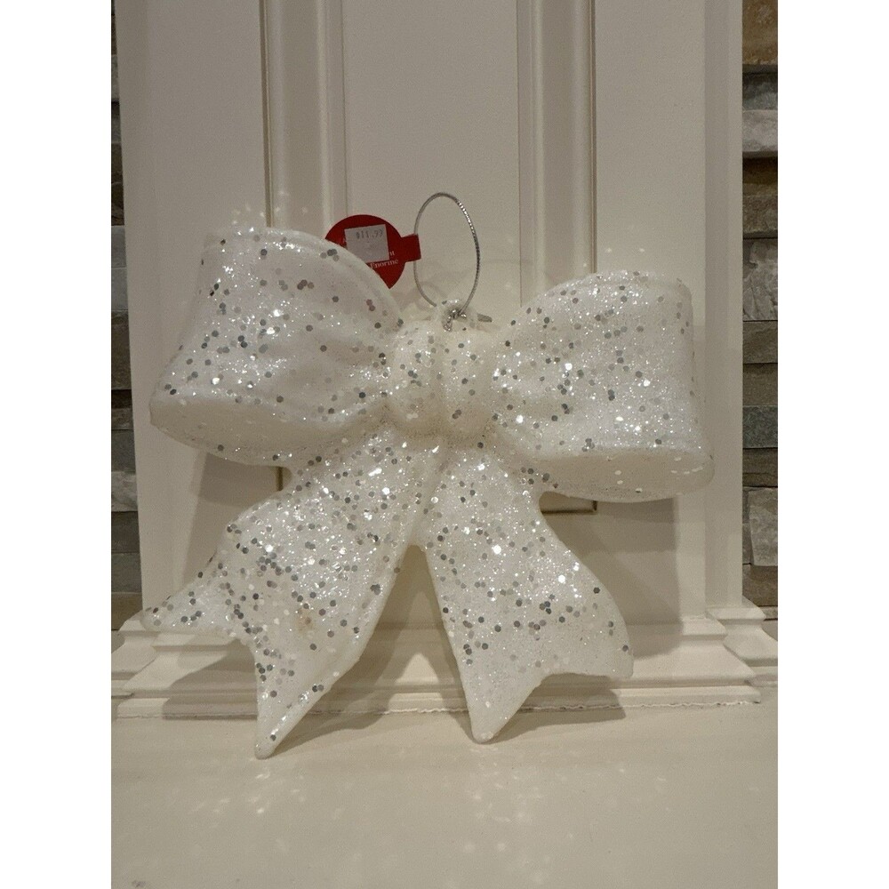 Ashland Christmas Jumbo Bow Ornament White Glitter Decorative 8”x 8"